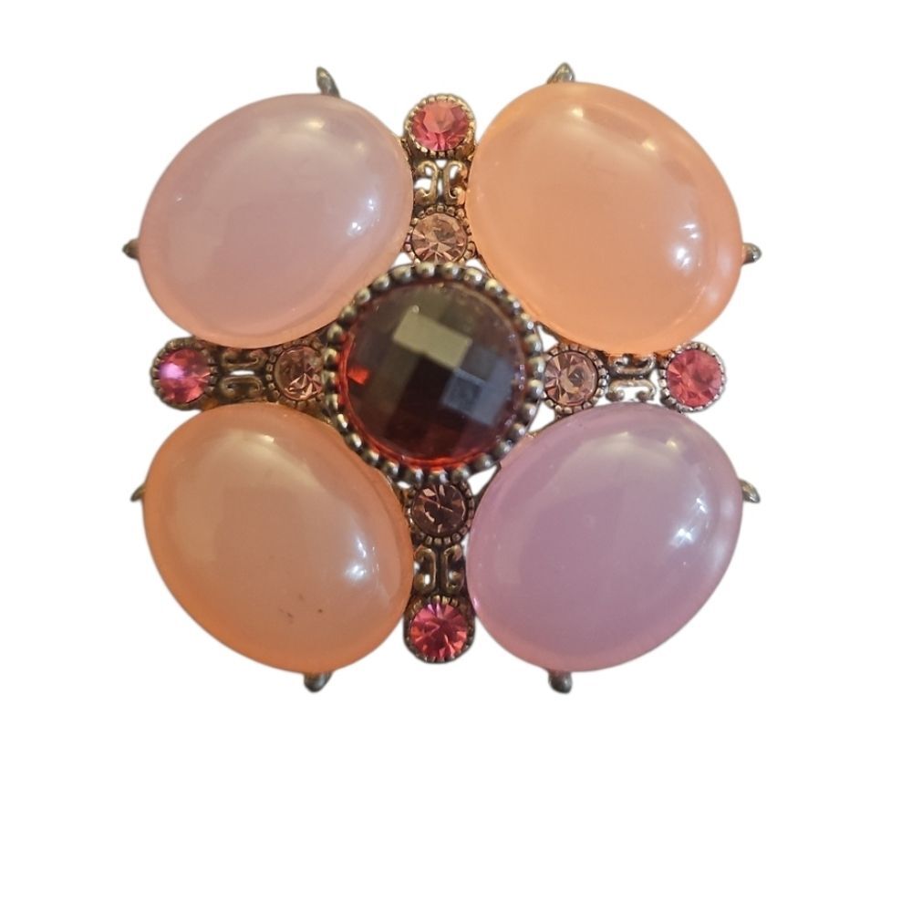 2" Vintage Pink Moonglow Cabochon Rhinestone Brooch And Pendant
